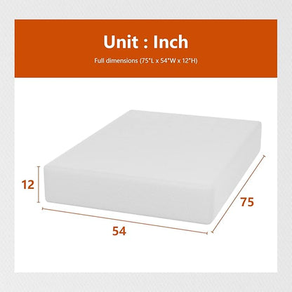 PayLessHere Full Mattress 12 Inch Gel Memory Foam Mattress with Breathable & Washable Soft Fabric Zippered Cover,Supportive & Pressure Relief Bed Mattress,CertiPUR-US CER，Fiberglass Freetified,White