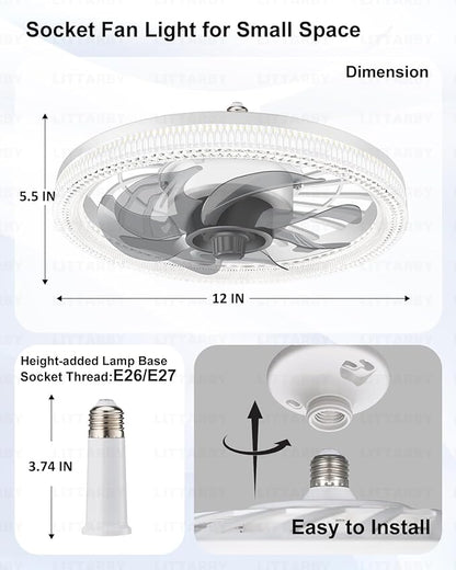 Ceiling Fans with Lights, Socket Fan Light with Remote Control, Dimmable Brightness 3000K-6500K Memory, Socket Modern Flush Mount Low Profile Ceiling Fan for Bedroom, Small Living Room, Kitchen White