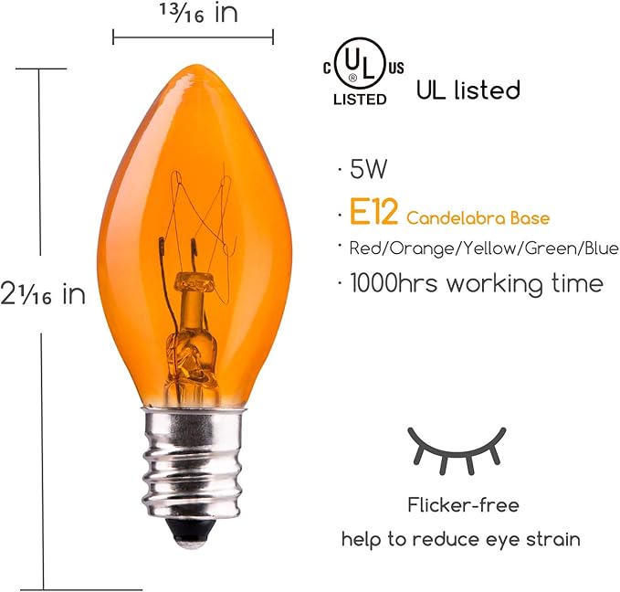 C7 Replacement Light Bulbs, 25 Pack Transparent Blubs for Outdoor String Lights, Multicolor, E12 Candelabra Vintage Christmas Bulbs