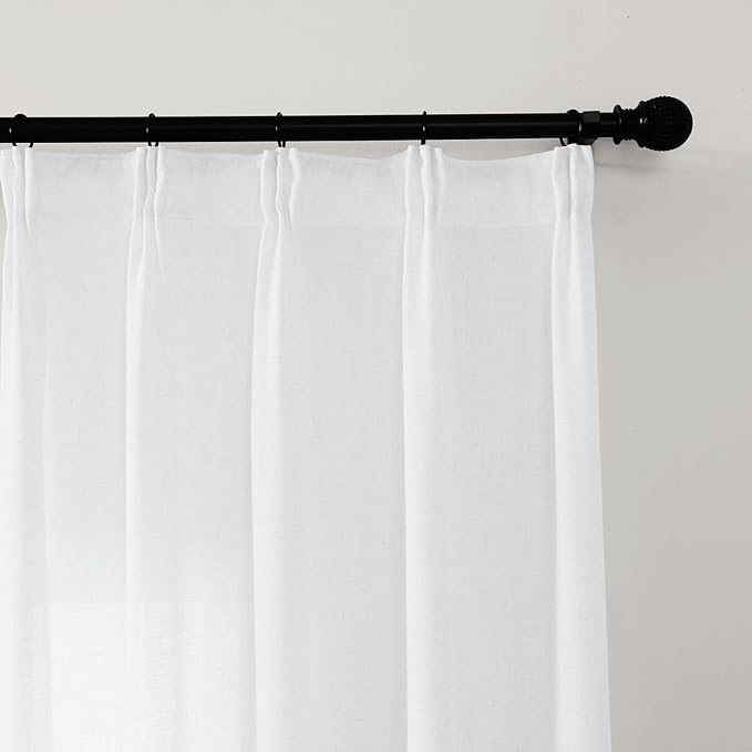 White Sheer Curtains 90 Inches Long, Cotton Linen Textured Light Filtering Drapes, Privacy Living Room Bedroom Window Decor, Rustic Semi-Transparent Pinch Pleat Curtain with Hooks