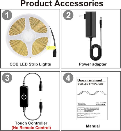 COB LED Strip,LED Strip Lights 3M/9.84ft,Touch Dimmable LED Strips,CRI90+,4000K Natural White cob led,1600LEDs,24V LED Tape Lights,Indoor for Bedroom, Kitchen, TV, Mirror,Cabinet