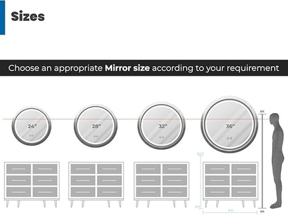 Fab Glass 32 Inch Front Lit LED Circle Vanity Bathroom Mirror, Anti-Fog Dimmable Touch & 3 Color Modes Round Framed LED Mirror 32" L X 32" W Black