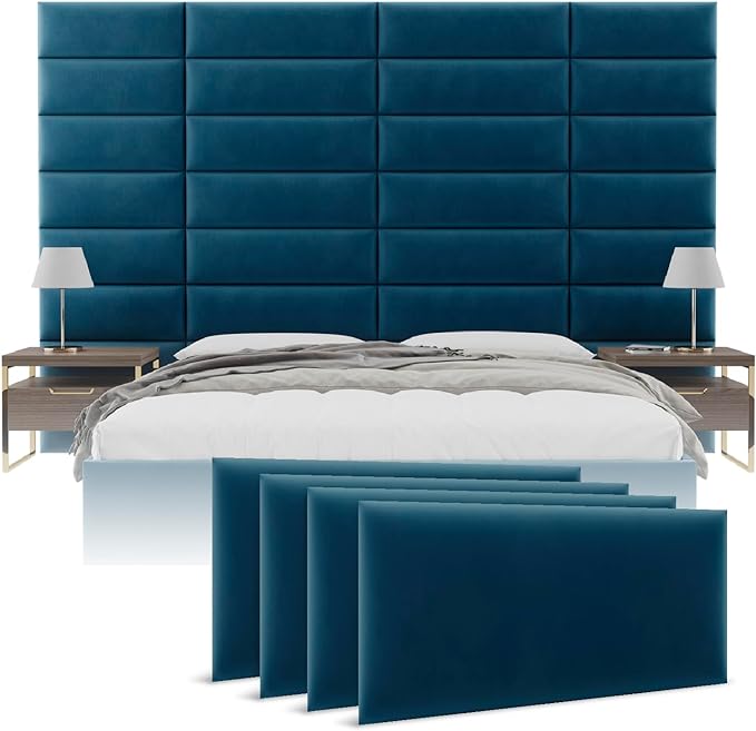 Vänt Upholstered Wall Panels - King/Cal King Size Wall Mounted Velvet Headboards - Velvet Peacock Blue - Twin/King - Set of 4 Panels (Each Individual Panel 39"x11.5")