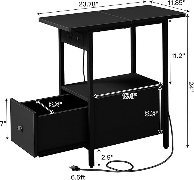 LIDYUK End Table with Charging Station, Narrow Side Table with Drawer and USB Ports & Power Outlets, Nightstand Bedside Tables for Small Spaces, Bedroom, Living Room, Black, Set of 2