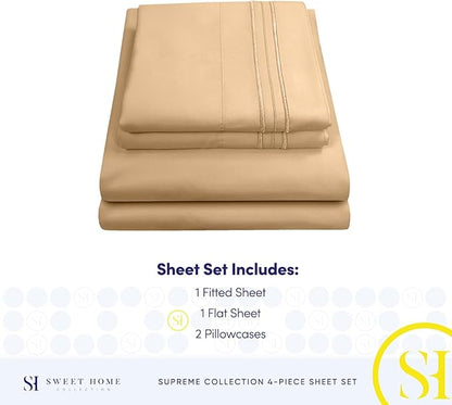 RV Queen Bed Sheets - Breathable Luxury Sheets with Full Elastic & Secure Corner Straps Built In - 1800 Supreme Collection Extra Soft Deep Pocket Bedding Set, Sheet Set, RV Short Queen, Camel