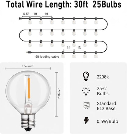 LED 30FT Outdoor String Lights with Remote Waterproof Patio Lights 27 Dimmable G40 Bulbs, Outdoor Globe String Lights Decorative Backyard Bistro Garden Balcony Cafe Lights