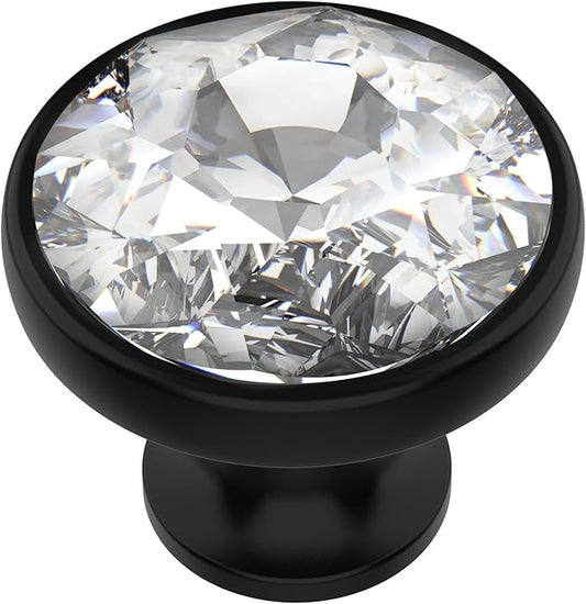 Alzassbg 6 Pack Clear Crystal with Matt Black Base Cabinet Knobs, 1-3/8 Inch (35mm) Diameter Cabinet Hardware Round Crystal Knobs for Drawers AL1011MB