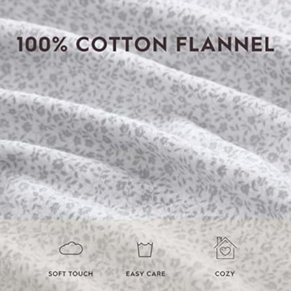 Laura Ashley - Flannel Sheets Queen Size, Anti-Pilling & Wrinkle Resistant Cotton, Touchably Soft for All-Season Comfort - Bed Sheets with Matching Pillowcases & Fitted Sheet (Chelsie Vine Grey)