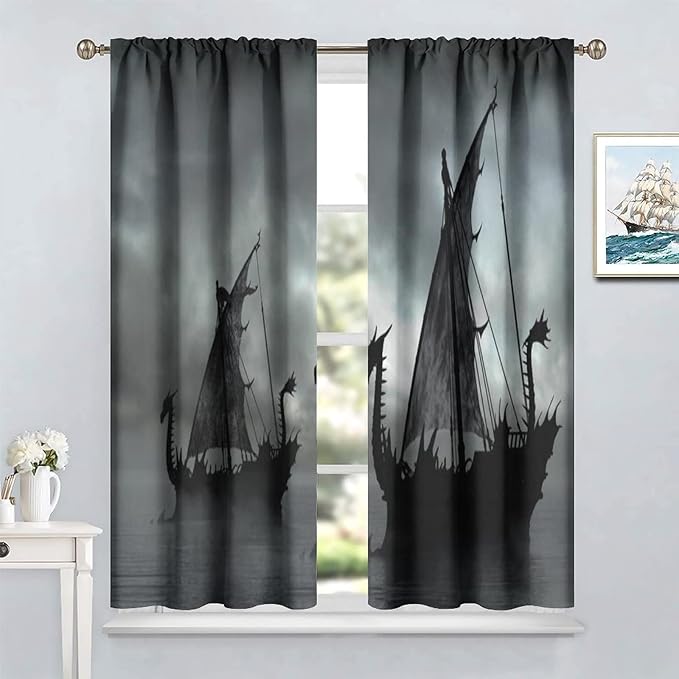 Viking Ship Blackout Curtains,Gloomy Misty Lake Landscape Fantasy Black White Color Sailing Dragon Boat Window Drapes for Boys Girls Bedroom Living Room,Norse Decor 63x63in