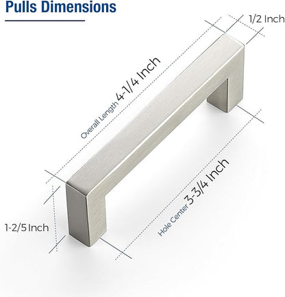 JOY DECOR 6 Pack Cabinet Handles, Brushed Nickel Cabinet Pulls, 3-3/4 Inch Kitchen Closet Handles Square Drawer Pulls Stainless Steel Drawer Hardware, 96mm Hole Centers