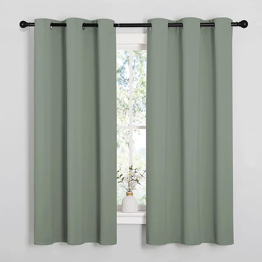NICETOWN Greyish Green Nursery Essential Thermal Insulated Solid Grommet Top Blackout Short Curtains/Drapes for Son's Room (1 Pair, 42 x 63 inches)