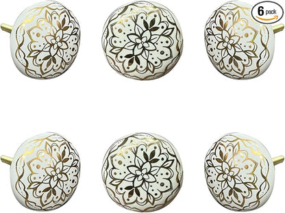Perilla Home Set of 6 Decorative Round Shape Ceramic Knobs for Room Kitchen Cabinet Hardware Cupboard Door Knobs Dresser Wardrobe and Drawer Pulls (White & Gold)