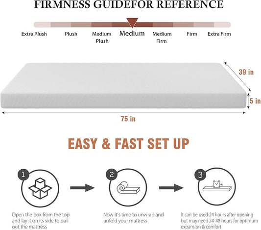 PayLessHere 5 Inch Twin Gel Memory Foam Mattress Fiberglass Free/CertiPUR-US Certified/Bed-in-a-Box/Cool Sleep & Comfy Support/Medium Firm mattresses