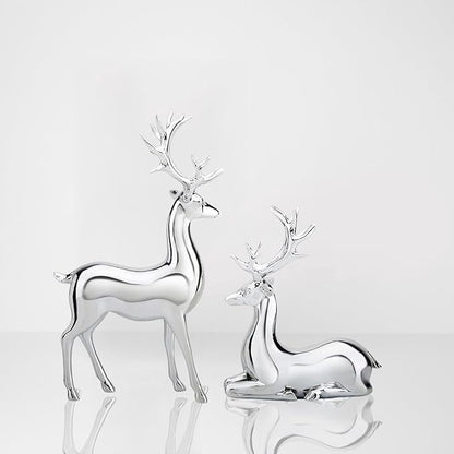 GALEI-2PCS Scandinavian Style Elk Ornament Christmas Resin Sitting and Standing Deer Statue Home Living Room Study Ornaments (Silver, One Size)