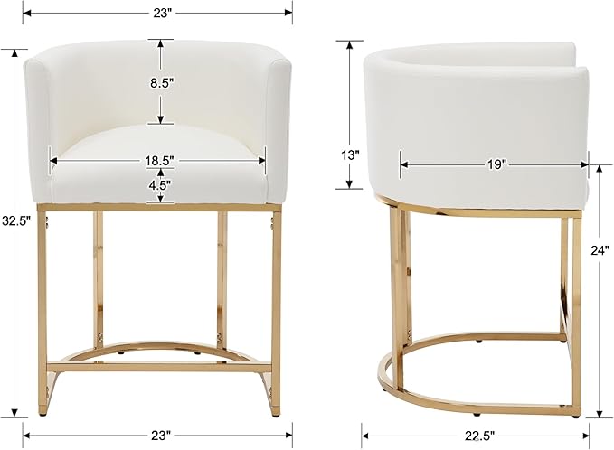 Modern Counter Height PU Leather Upholstered Bar Stools Set of 4, 24" Kitchen Counter Island Stools Bar Chairs with Gold Metal Frame, White