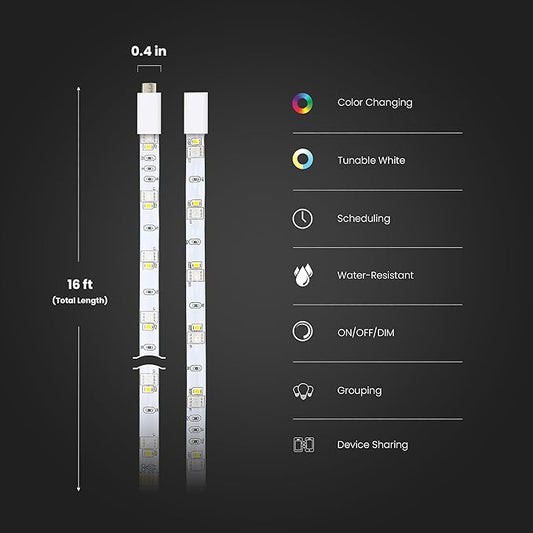 Feit Electric Smart Light Strip 16FT, Ultrathin RGBW Color Chasing LED Light Strip, 2.4GHz Wi-Fi Enabled, Works with Alexa and Google Home Assistant, Remote Control, (0.4in x 192in) TAPE192/CHASE/AG