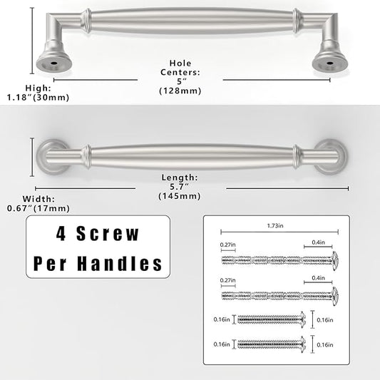 10 Pack Brushed Satin Nickel Cabinet Pulls 5 Inch(128mm) Kitchen Cabinet Handles Solid Zinc Alloy Cabinet Hardware Drawer Pulls
