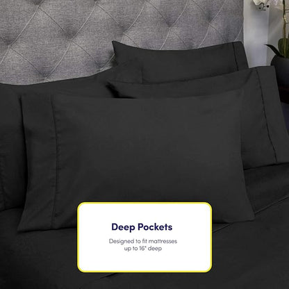 Queen Sheets Black - 6 Piece 1500 Supreme Deluxe Collection Deep Pocket Ultra Soft Queen Sheet Set Bedding - 2 Extra Pillow Cases, Great Value, Queen, Black
