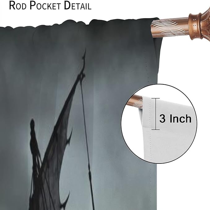 Viking Ship Blackout Curtains,Gloomy Misty Lake Landscape Fantasy Black White Color Sailing Dragon Boat Window Drapes for Boys Girls Bedroom Living Room,Norse Decor 42x54 Inch