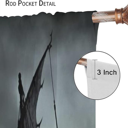 Viking Ship Blackout Curtains,Gloomy Misty Lake Landscape Fantasy Black White Color Sailing Dragon Boat Window Drapes for Boys Girls Bedroom Living Room,Norse Decor 42x54 Inch