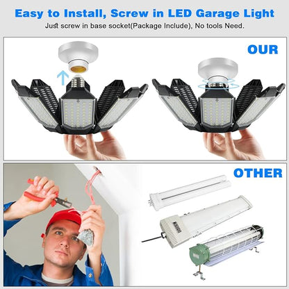 Garage Lighting - 80000LM Super Bright 6500K Garage Lights Ceiling Led w/ 8 Deformable Panels Compatible for E26/E27 Screw in Garage Light Bulb for Shops Barn Basement Attic - 4Pack