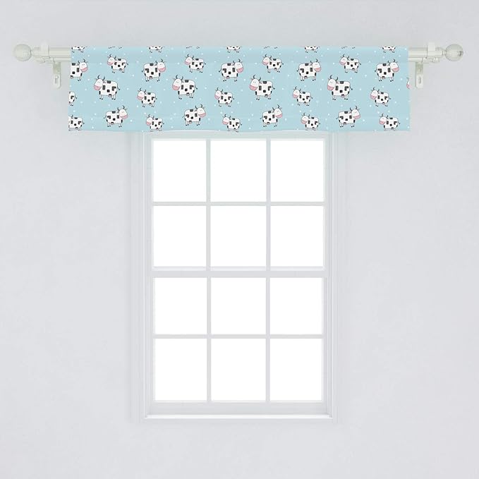 Lunarable Cows Window Valance, Repetitive Animal in Cartoon Style Farm Creatures, Curtain Valance for Kitchen Bedroom Decor with Rod Pocket, 54" X 12", Blue Pink