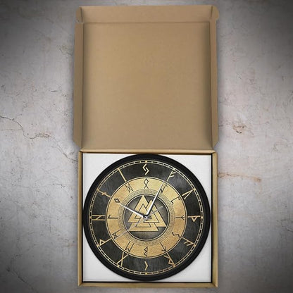 12 Inch Scandinavian Viking Design Valknut Wall Clock, Vintage Futhark Viking Runes Warrior Norse Print Wall Clock Accurate Silent Non Ticking Battery Operated for Man Cave Bedroom Farmhouse