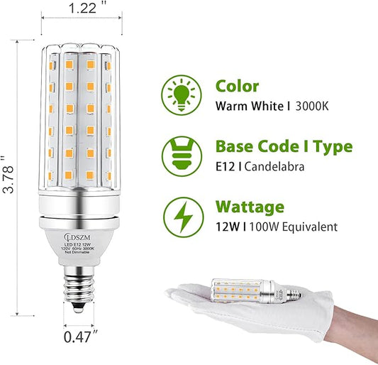 E12 LED Bulbs,12W LED Corn Light Bulb, E12 LED Bulb 100W Equivalent 1200 Lumen 3000K Warm White, Non-Dimmable LED Candelabra Light Bulbs, E12 Candelabra Base Chandelier Light Bulbs, Pack of 3