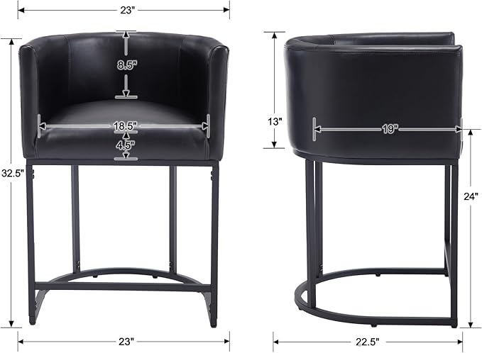 Modern Counter Height PU Leather Upholstered Bar Stools Set of 3, 24" Kitchen Counter Island Stools Bar Chairs with Black Metal Frame, Black