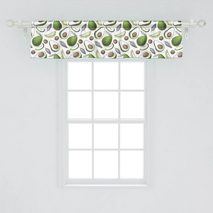 Lunarable Vegetables Window Valance Pack of 2, Tropical Avocado Leaves Detox Antioxidant Lifestyle Stay Young Print, Rod Pocket Curtain Valances for Kitchen Bedroom, 54" X 12", Lime Green White Cocoa