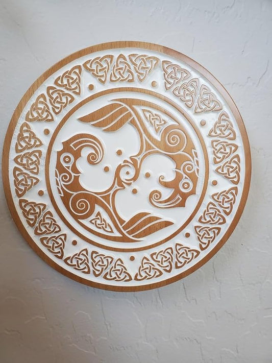 Wood Carved Viking Shield Wall Art Wall Hanging, Viking Wall Art, Scandinavian Decor Wall Art for Gift, Wall Hangings for Home Office Living Room Farmhouse 24" (White Glaze)