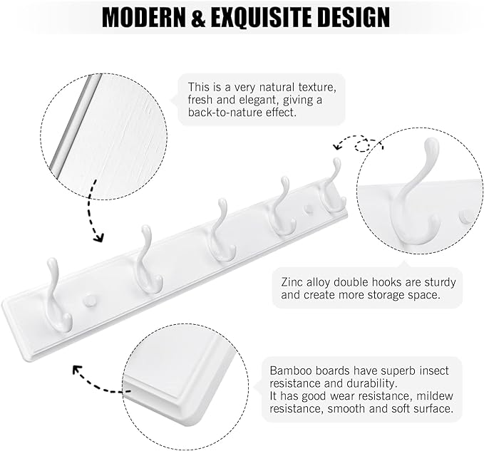 Wooden Coat Rack, Wall-Mounted Organizer for Closet, Entryway, Hallway, Foyer, Bedroom, Heavy Duty Double Hooks for Hanging Towels, Bags, Hats, Jackets, Key (White, 5 Hooks)