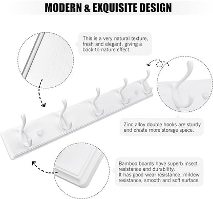 Wooden Coat Rack, Wall-Mounted Organizer for Closet, Entryway, Hallway, Foyer, Bedroom, Heavy Duty Double Hooks for Hanging Towels, Bags, Hats, Jackets, Key (White, 5 Hooks)