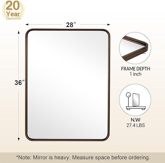 ANDY STAR 28x36 INCH Bronze Bathroom Mirror, Rounded Rectangle Oil Rubbed Bronze Mirrors for Bathroom,Tube Metal Framed, 1’’ Deep Wall Mounted Vertically/Horizontal