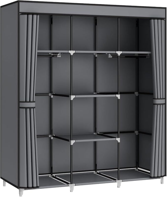 Portable Closet Wardrobe, 51-Inch Clothes Organizer with 2 Hanging Rods and 8 Shelves, Non-Woven Fabric Cover, Medium Capacity Storage for Bedroom and Living Room, Grey
