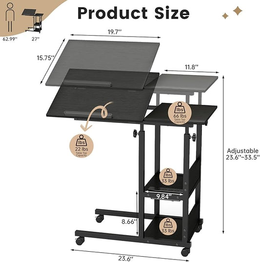 Hadulcet Adjustable C Table with Charging Station, Tiltable Desk C Shaped End Table for Couch, Over Bed Stand with Wheels Adjustable Height, Hospital Table Laptop Stand Drawing Desk, Black
