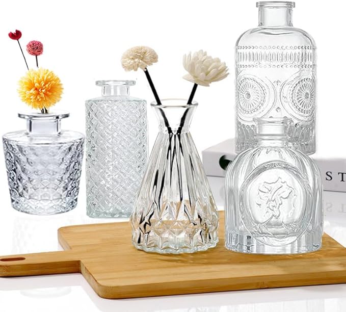 5 Pack Glass Bud Vases - Mini Glass Vases for Room Decor, Centerpieces, Shelf and Wedding Decor - NO Flowers