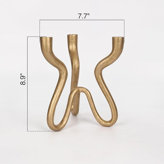 Triple Candle Holder Candelabra - Cast Iron Metal Taper Candlestick Stand with Antique Brass Finish - Elegant Wedding Centerpiece for Home, Dining, Event Decor