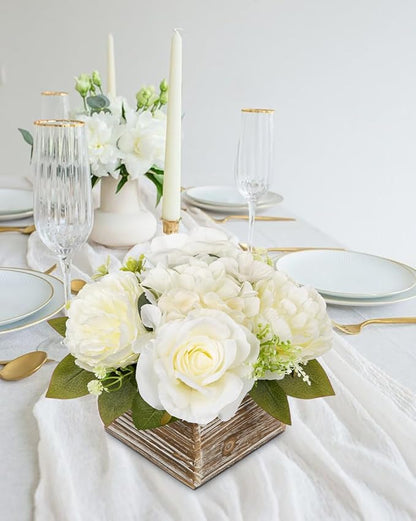 Flower Arrangement with Wooden Vase 8" Artificial Flowers in Pot - Fake Flowers Roses Peonies Hydrangeas in Wooden Vase Potted Artificial Flower Centerpieces for Table Decor Living Room - White