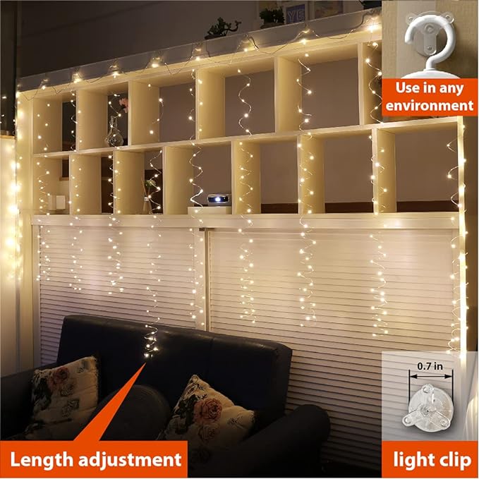 ZSJWL 2 Pack Curtain Lights, 300 LED Curtain Fairy Lights with Remote, 8 Modes 9.8 × 9.8 Ft Curtain String Lights, USB Plug in Copper Wire Lights for Bedroom Window Chrismas Wedding Party, Warm White