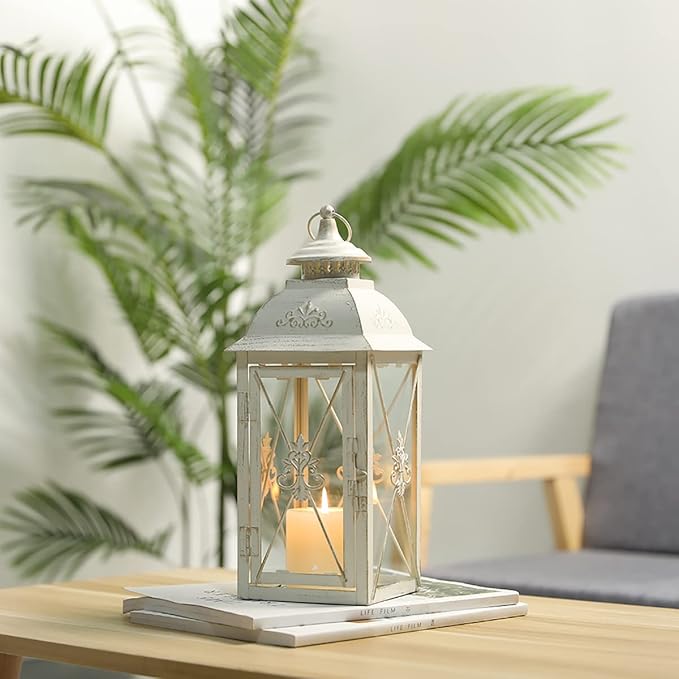 TRIROCKS Elegant Vintage Lantern - Decorative 13.5'' Metal & Glass Candle Holder - Perfect for Indoor & Outdoor Use, Patio, Garden, Parties - Sophisticated White & Gold Brushed Finish