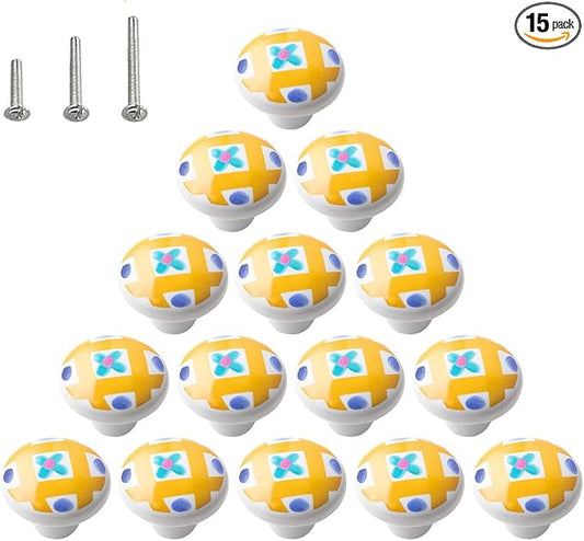 HUAMULAN 15PCS Glossy Ceramic Knobs Button Round Mushroom Cabinet Dresser Vintage Pulls Door Handles Cupboard Wardrobe Drawer, Dia. 1.5 inch 38mm