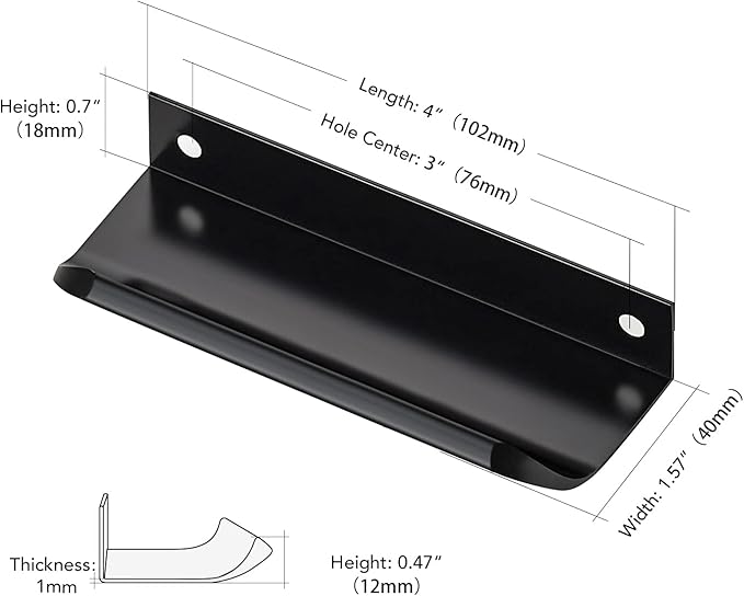 Ravinte Hardware 8 Pack Black Cabinet Handles, 4 Inch (102mm) Finger Edge Pulls, 3 Inch Hole Center, Finger Pulls for Cabinets