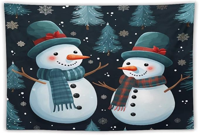 Wall Tapestry Snowman Couple Tapestry Hello Winter Snowman Aesthetic Bedroom Tapestries for Bedroom Colorful Wall Hanging Aesthetic Wall Art For Room Decor 60"x90" Christmas Family Party