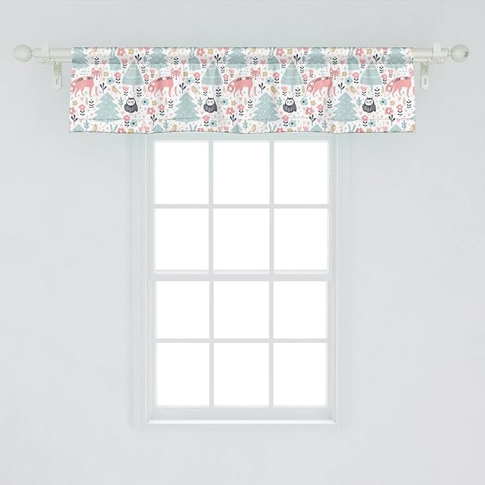 Lunarable Scandinavian Window Valance Pack of 2, Owls and Fox Print in Nordic Cartoon Style, Rod Pocket Curtain Valances for Kitchen Bedroom, 54" X 12", Coral Pale Blue White