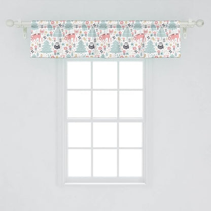 Lunarable Scandinavian Window Valance Pack of 2, Owls and Fox Print in Nordic Cartoon Style, Rod Pocket Curtain Valances for Kitchen Bedroom, 54" X 12", Coral Pale Blue White