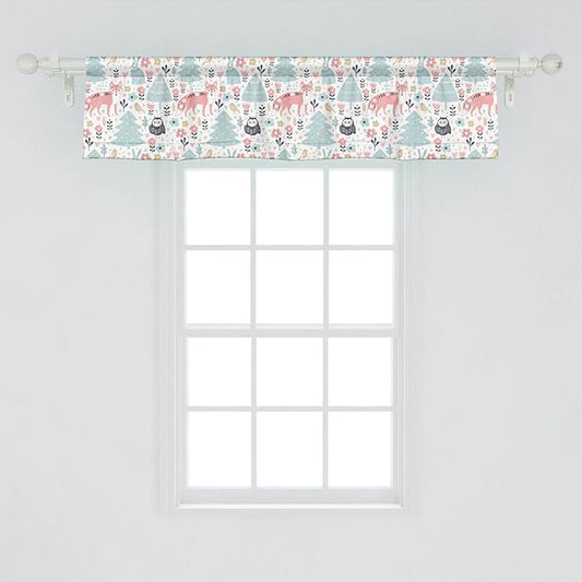 Lunarable Scandinavian Window Valance Pack of 2, Owls and Fox Print in Nordic Cartoon Style, Rod Pocket Curtain Valances for Kitchen Bedroom, 54" X 12", Coral Pale Blue White