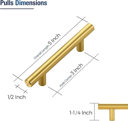 JOY DECOR 30 Pack Cabinet Handles, Gold Cabinet Pulls, 3 in Hole Center Kitchen Cabinet Handles, Stainless Steel T Bar Handles for Dresser Drawers