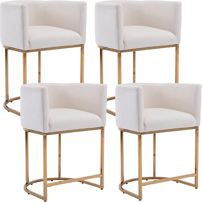 Modern Counter Height Velvet Upholstered Bar Stools Set of 4, 24" Kitchen Counter Island Stools Bar Chairs with Gold Metal Frame for Kitchen Island, Cream