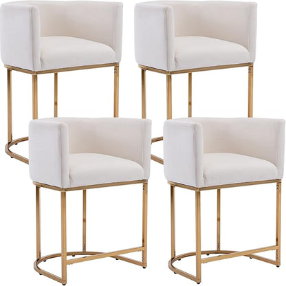 Modern Counter Height Velvet Upholstered Bar Stools Set of 4, 24" Kitchen Counter Island Stools Bar Chairs with Gold Metal Frame for Kitchen Island, Cream